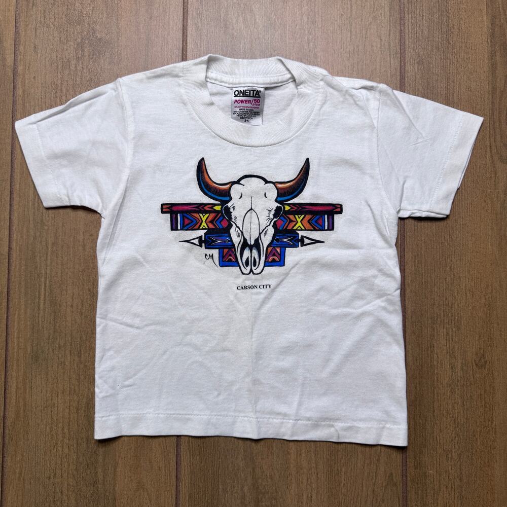 Vintage 90s Carson City Nevada Kids T-Shirt - Oneita Southwestern Skull - 2–4T